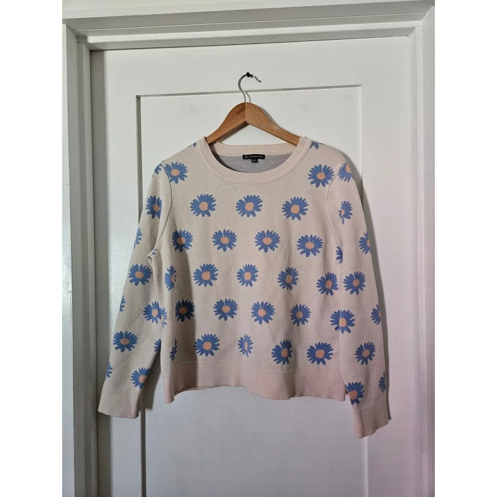 Adrianna Papell Daisy Floral Intarsia Knit Sweater Large Blue Cream